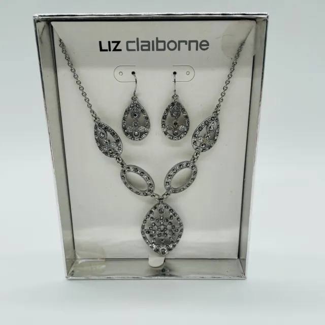 Liz Claiborne Necklace Pierced Earring Set Silver tone Rhinestone Dangle Jewelry