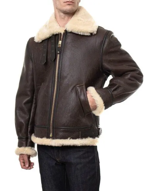 Men's Aviator Brown B3 Real Shearling Sheepskin Leather Bomber Flying Fur Jacket