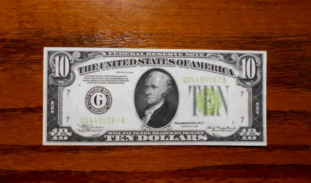 1934 $10 Federal Reserve Note 💲 Light Green ~ nice note
