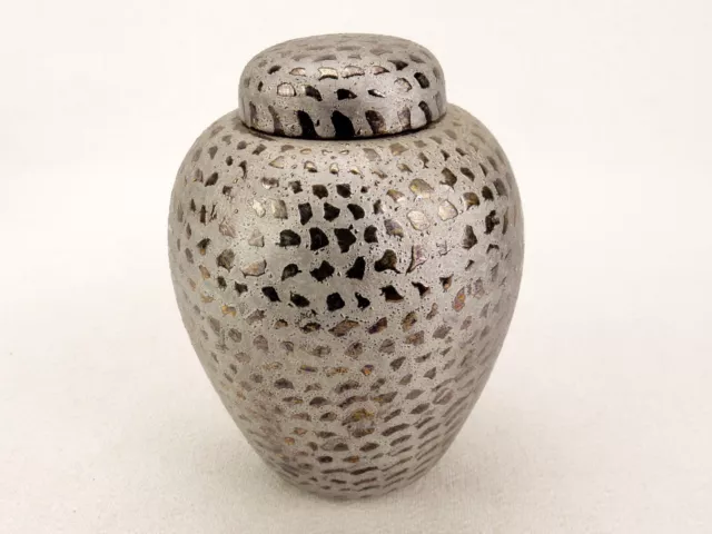 Handmade Pottery Urn Ginger Jar & Lid, Silver Paint With Random Gold Resin Spots