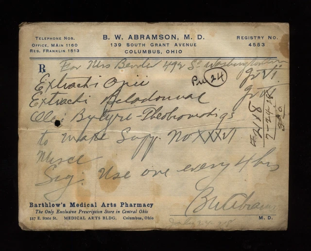 B.W. Abramson Columbus OH Ohio Handwritten Belladonna Opium Prescription 1928 #2