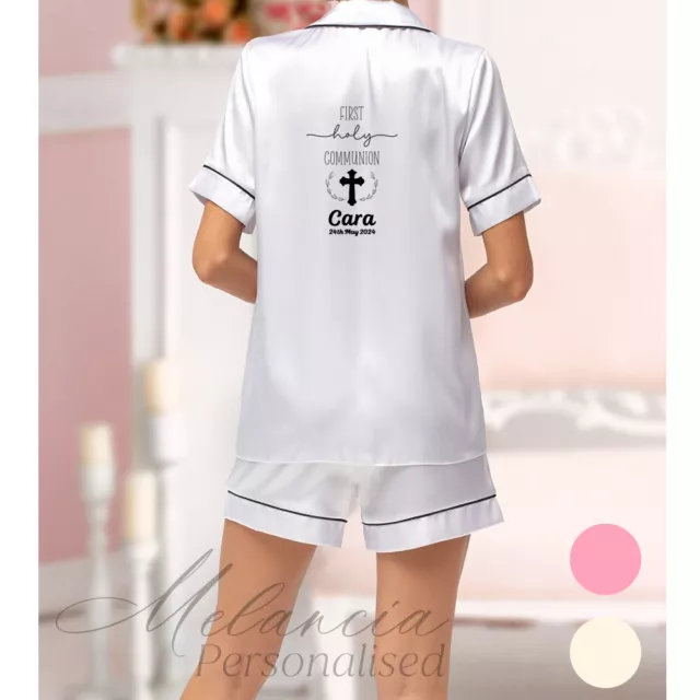 Girls First Communion Pyjama Satin Short Sleeve Name Personalised White Pink Pj