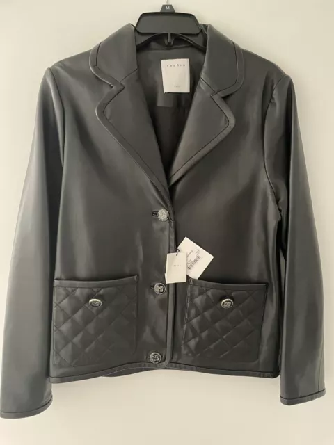 New SANDRO Paris Noir Black Lamb Leather Jacket Quilted Pockets Size 1  6-8 NWT