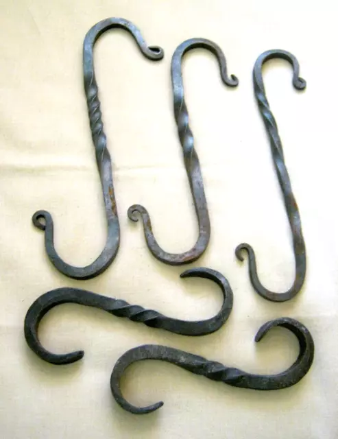 5 Vintage HAND FORGED Wrought Iron "S" HOOKS Primitive Hangers Lights Planters