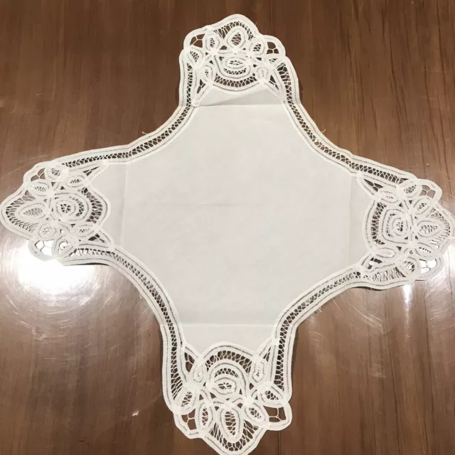 White Centrepiece Linen Doiley Cross Shape Pulled Thread Edge - Florence 55cm