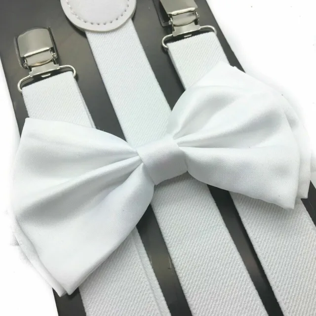 Adult WHITE Wedding Suspenders and Bow Tie Set adjustable Prom adjustable