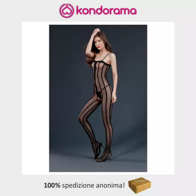 Bodystocking tutina sexy aperta nera trasparente da donna con righe verticali