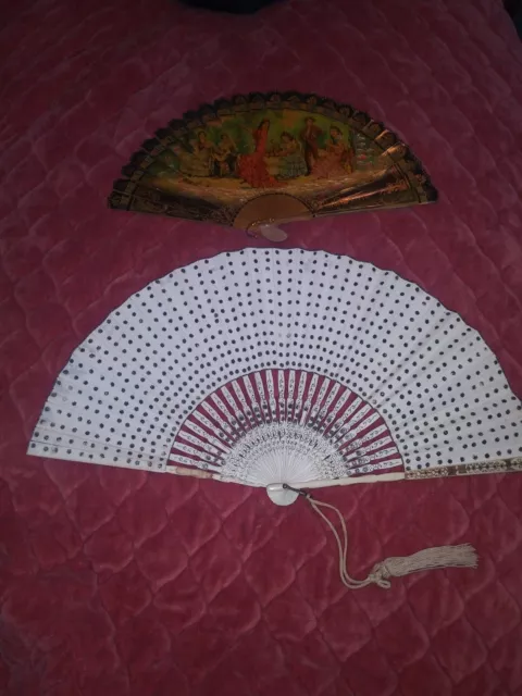 Antique Victorian 10" Large Hand Painted Bone & Spanish Wood Flamenco 7 3/4" Fan