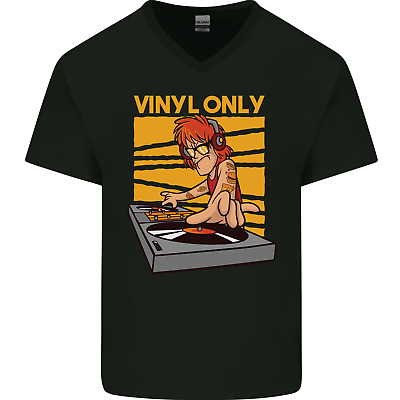 DJ Decks Vinyl Only Funny DJing Turntable Mens V-Neck Cotton T-Shirt