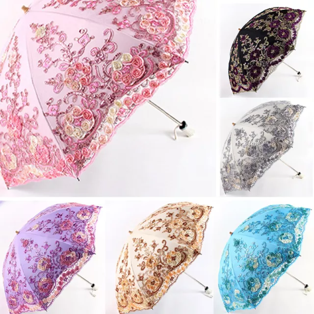 Ladies Vintage Lace Umbrella Rain Sun Parasol Folding Floral Embroidery Umbrella