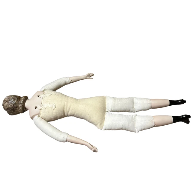 Bisque Porcelain Doll Cloth Soft Body Brown Hair Victorian Vtg Antique 18” 7