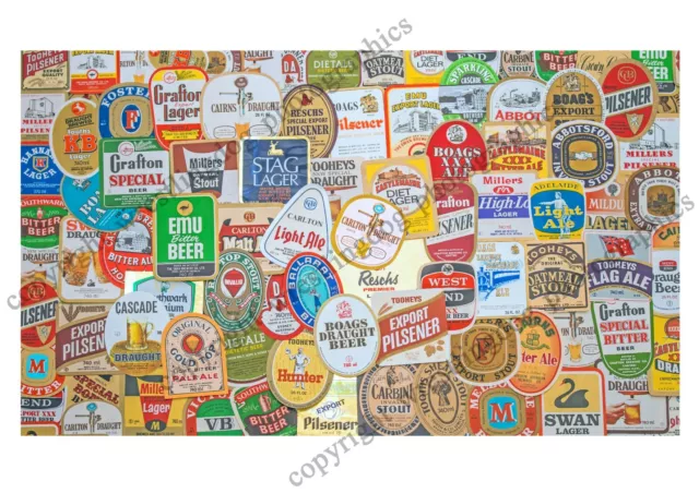 BEER Vintage Australian BEER Labels 1970s - POSTER PRINT ART - ready to frame!