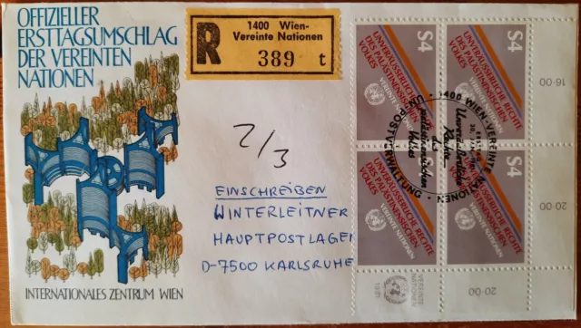 UNO Wien 1981 2 echt gelaufene Erstagsbr. MiNr. 16, z.T. mit Einschreiben