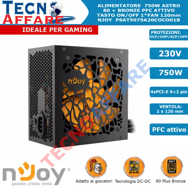 Alimentatore ATX 750W 80+Bronze Per PC Gaming Ventola 12cm Silenziosa Njoy Astro