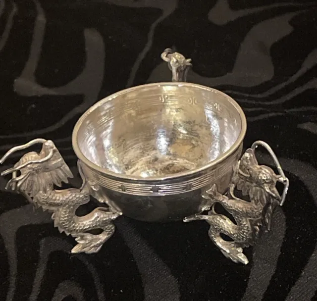 Antique  Chinese Sterling Silver Dragon Salt Cellar Bowl VERY OLD GOOD CONDITION