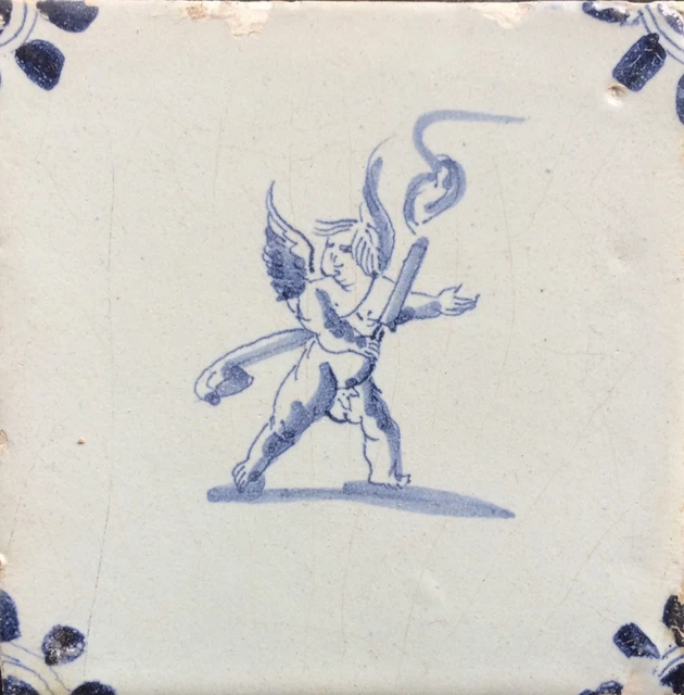 Antique Rare Dutch Delft Tile Angel & Torch Circa 1650
