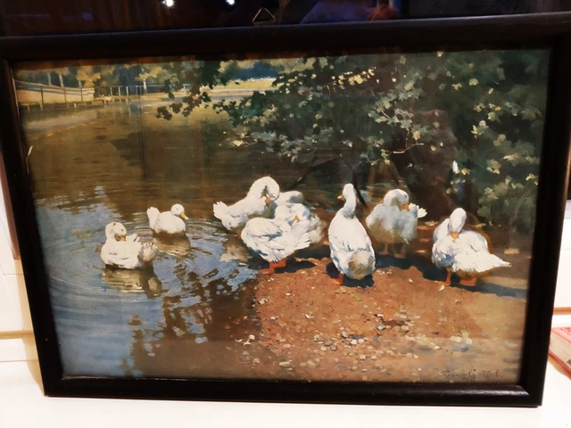 ALTES GEMÄLDE, ENTEN am Teich, Signiert mit Franz Gräßel, Alter um 1900