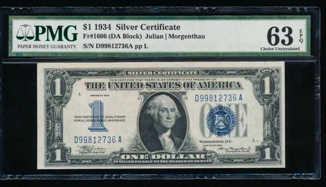 AC 1934 $1 Silver Certificate PMG 63 EPQ D-A block  Fr 1606