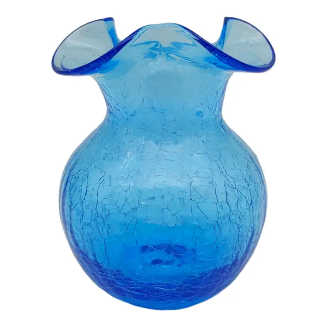 Rainbow Crackle Art Glass Vase - 5" vtg Mid Century Bright Blue Ruffled Edge