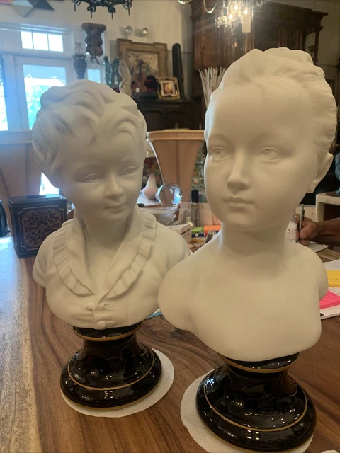 Pair C. Tharaud Limoges Goumot-Labeese Bisque Cobalt Blue Brongniart Busts 15.5”
