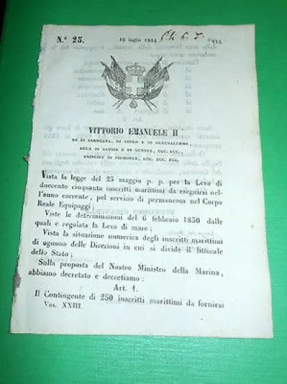 Decreti Regno Sardegna Torino Ripartizione Contingente 1854