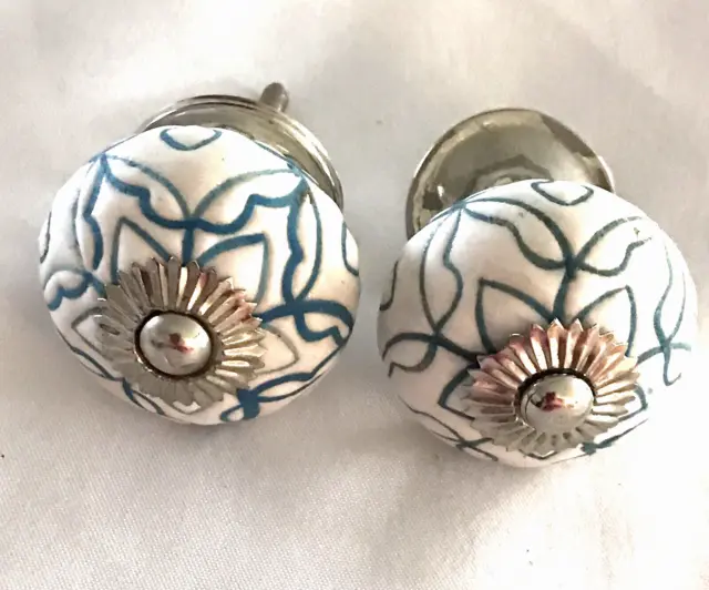 2 Round Ceramic Painted & Etched Drawer Pulls 2" White & Blue Green Silver  Tone