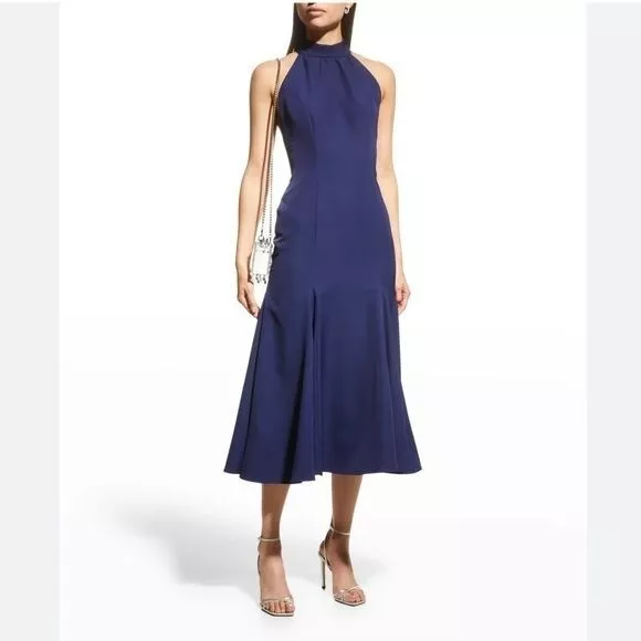 NWT Milly Navy Penelope High Neck Halter Cady Flare Hem Midi Dress 6