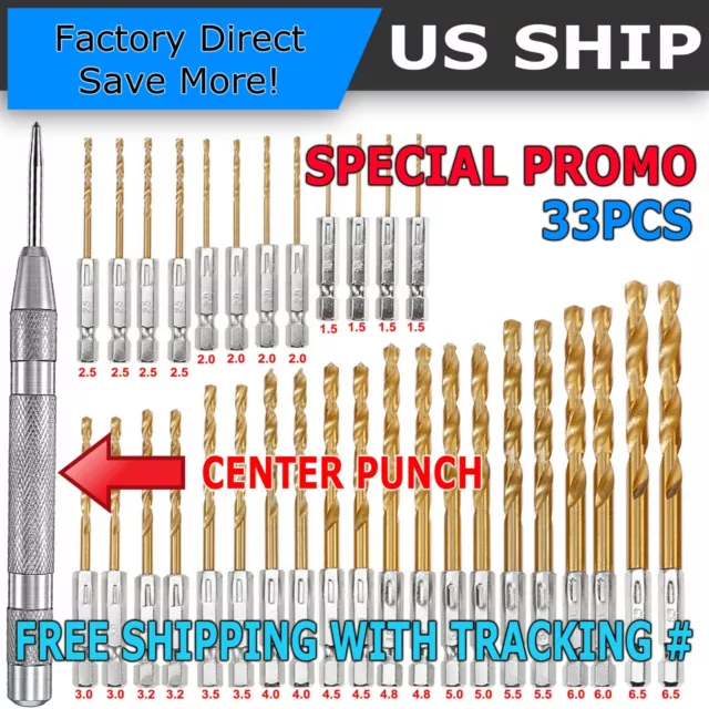 33PCS Drill Bit Set Titanium Coated HSS High Speed Steel Hex Shank Quick Change