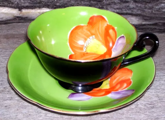 Vintage Trimont China Cup & Saucer Green Black Occupied Japan