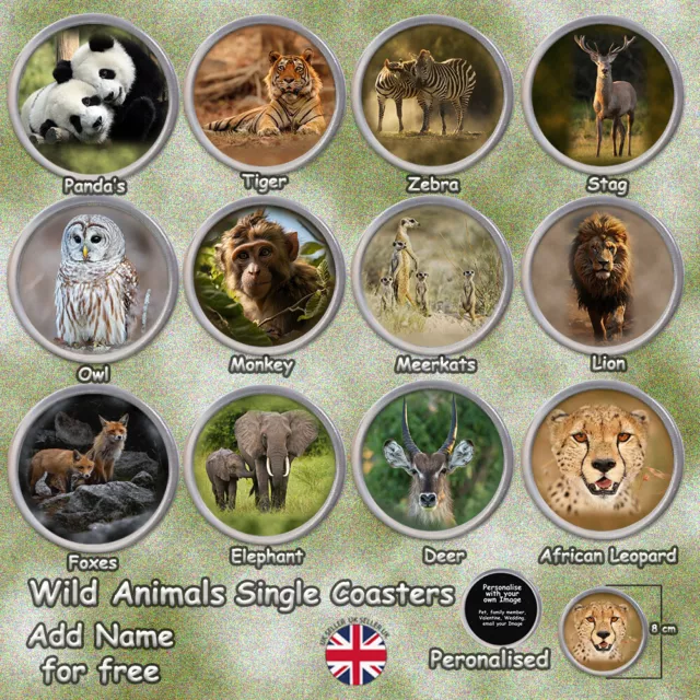 wild life single drink coasters lions tigers stag add text select personalise