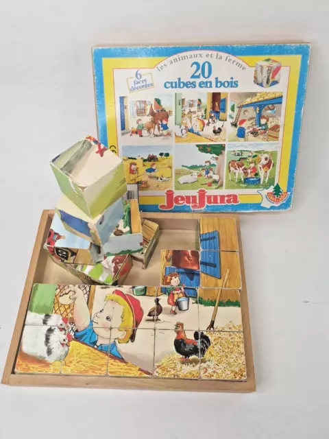 Jeu de Cube en Bois Vintage JeuJura Animaux de la Ferme - 6 Puzzles, 20 Cubes 3