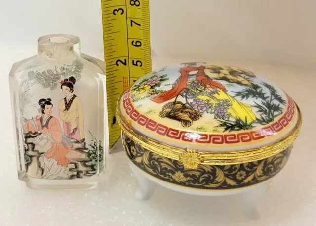 Vintage WY Chinese Geisha Girls Porcelain Footed Hinged & Mirrored Trinket Box