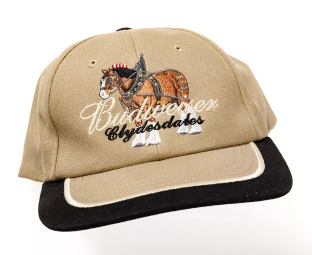Budweiser Clydesdales Embroidered Cap Hat SnapBack Beige Tan Black Brim Cotton