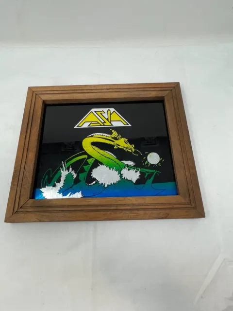 Vintage 80'S Asia Rock Band Dragon Carnival Glass Mirror Wood Framed Sign