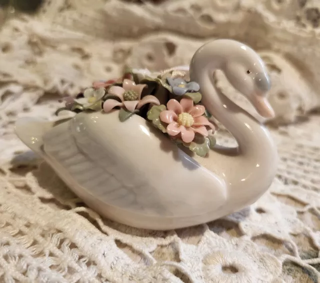 Vintage Elfinware Lefton? Swan China Ornament Covered In Flowers Pastels 3