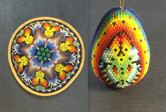 Huichol Beaded Gourd Bowl and Ornament Mexican Folk Art