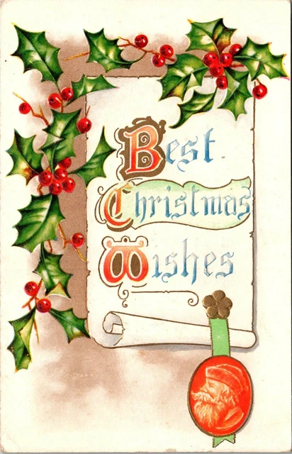 Christmas Holly Embossed Santa Posted 1910 Durhamville New York Antique Postcard