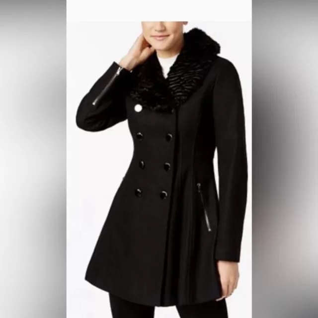 Women’s GUESS Black Faux-Fur-Collar Double Breasted Skirted Coat  Size S