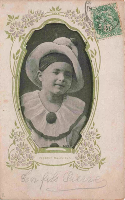 c1902 Mischievous Child in Clown Costume Oval Floral Border French Postcard