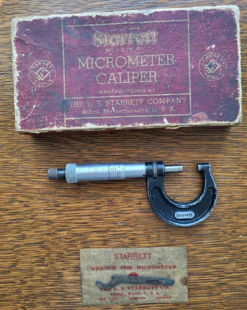 Vintage L. S. Starrett No. 436 1" Outside Micrometer w/Wrench & Box USA