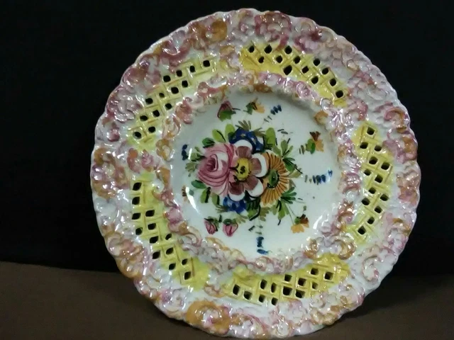 Vtg.Majolica Paul's Italian Art Pottery Hand Painted Embossed Reticulated Plate,