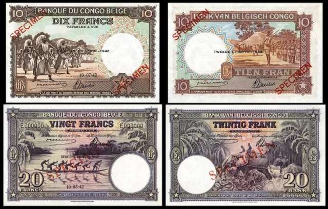 !Copy! Belgium Congo 10 Francs 1942 & 20 Francs 1942 Banknotes !Not Real!