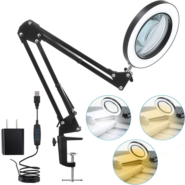 LED Magnifying Lamp with Clamp, 10X Real Glass Lens, 3 Color Modes and Stepless