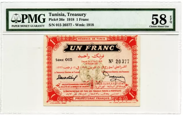 Tunesien: Treasury 1 Franken 27.4.1918 Pick 36e PMG Auswahl About UNC 58 EPQ