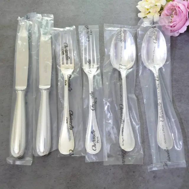 Christofle Pearls 6pcs Silverplate Flatware Knife Fork Spoon Standard Size