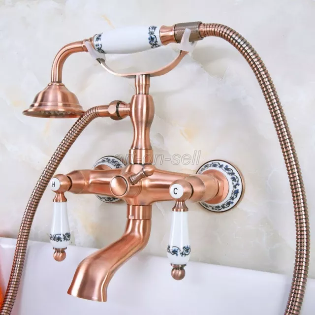 Red Copper Wall Mount Bathroom Clawfoot Bath Tub Faucet Filler with Hand Shower