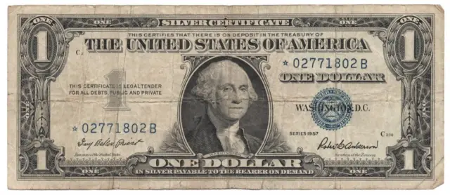 1957 United States BLUE SEAL One Dollar $1 Silver Certificate STAR Note Bill 802