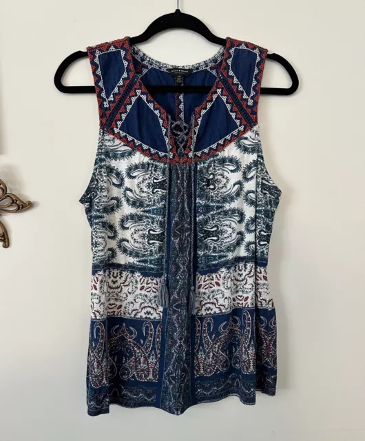 Lucky Brand Navy blue Sleeveless Boho Paisley Lace Up Tassel Tank Top Size Large