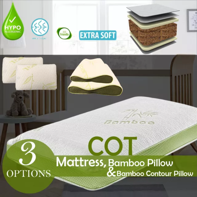 Baby Cot Bed Breathable Mattress Bamboo Cover Foam Mattress & Memory Foam Pillow