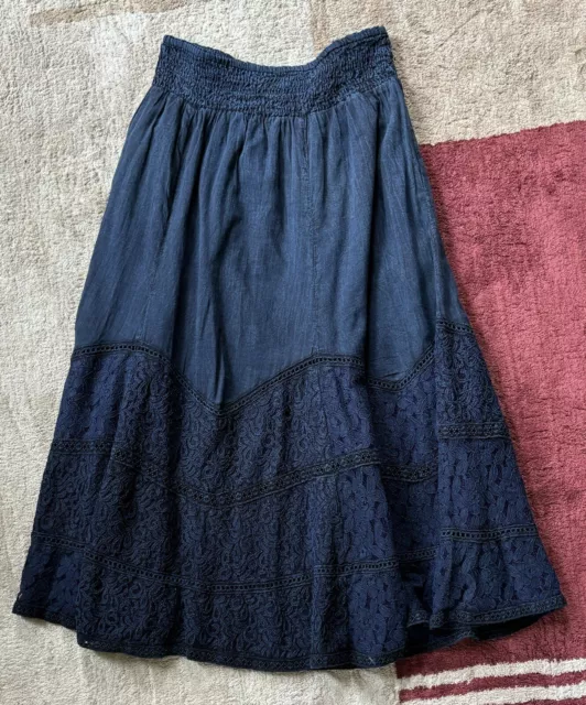 Reba Maxi Skirt S - Navy Blue Lace Lining Ruffled Embroidered Festival Boho